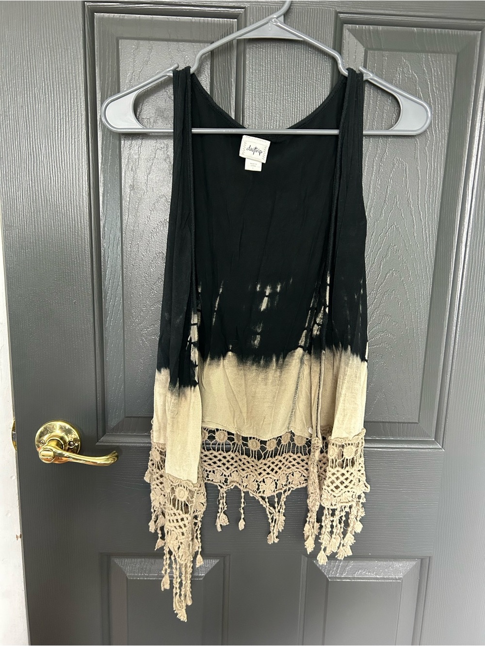 Daytrip Black and Beige Tie-Dye Crochet Hem Tank Top